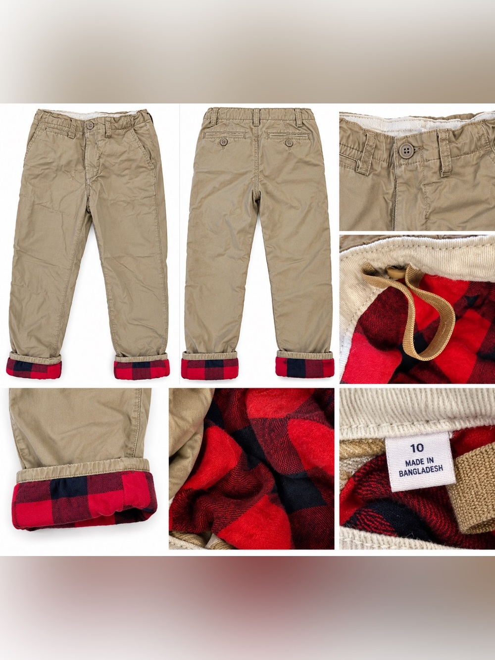 Children's GAP Khaki Chino Pants with Red Buffalo Plaid Flannel Lining